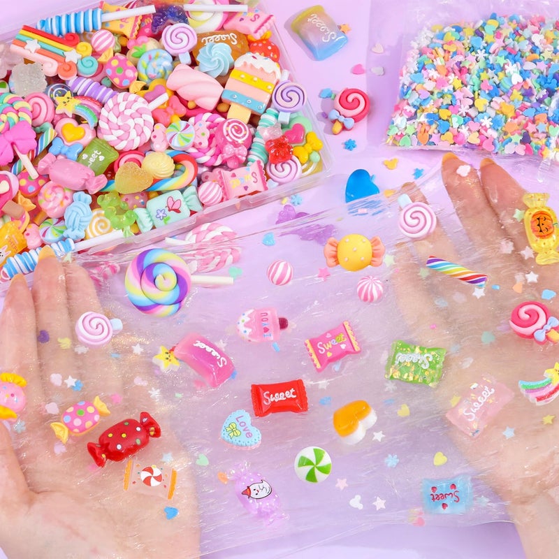 Glitzest 100PCS TINKRSTUFF Fake Candy Charms Cute Flatback Resin Charms for Slime, Random Kawaii Decoden Charm for Embellishments Phone Junk Case Charms Bulk Rainbow Bow Heart Lollipop, Scrapbooking DIY Decor - Image 5